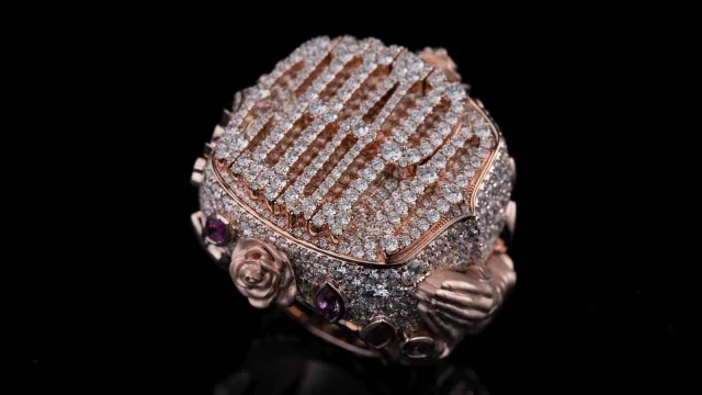 Custom rose gold ring set with diamonds and coloured stones